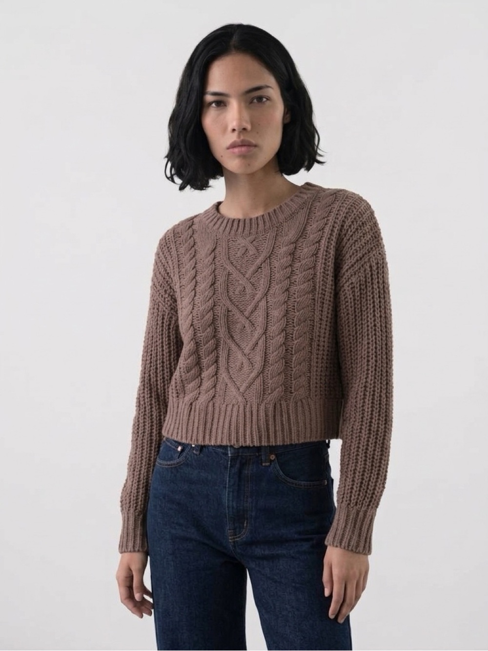 Altar'd State Taupe Cable Knit Cropped Crew Sweater